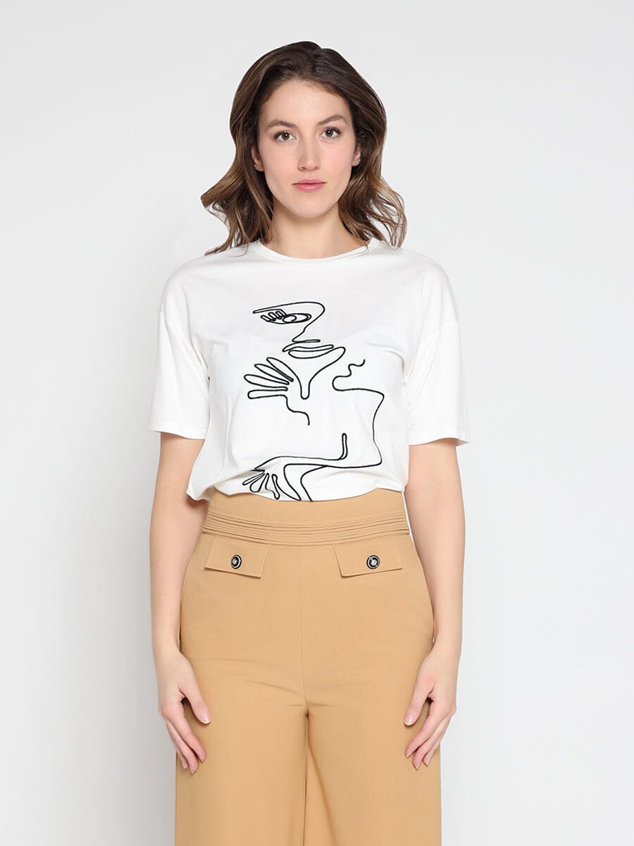 Cubist Painting Detail Low Shoulder Line Top TOP Gracia Fashion WHITE S 