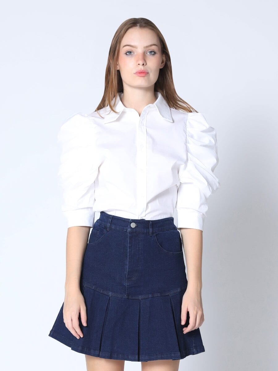 Cut Collar Ruffle Puff Sleeve Button Down Top TOP Gracia Fashion WHITE S 