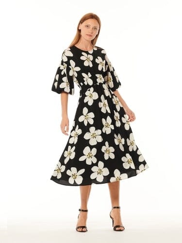 Daisy Printing Puff Sleeves Dress DRESS Gracia Fashion BLACK S 