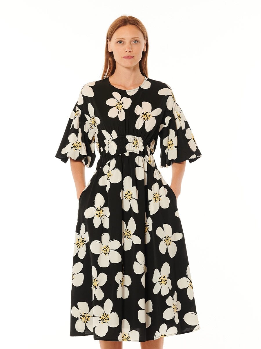 Daisy Printing Puff Sleeves Dress DRESS Gracia Fashion BLACK S 