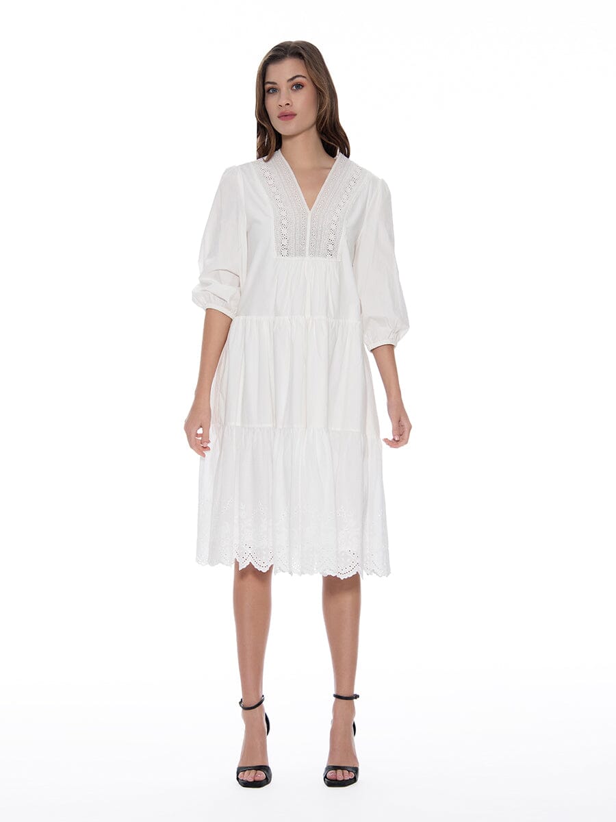 Deep V-Neck Cotton Smocked Dress DRESS Gracia Fashion WHITE S 