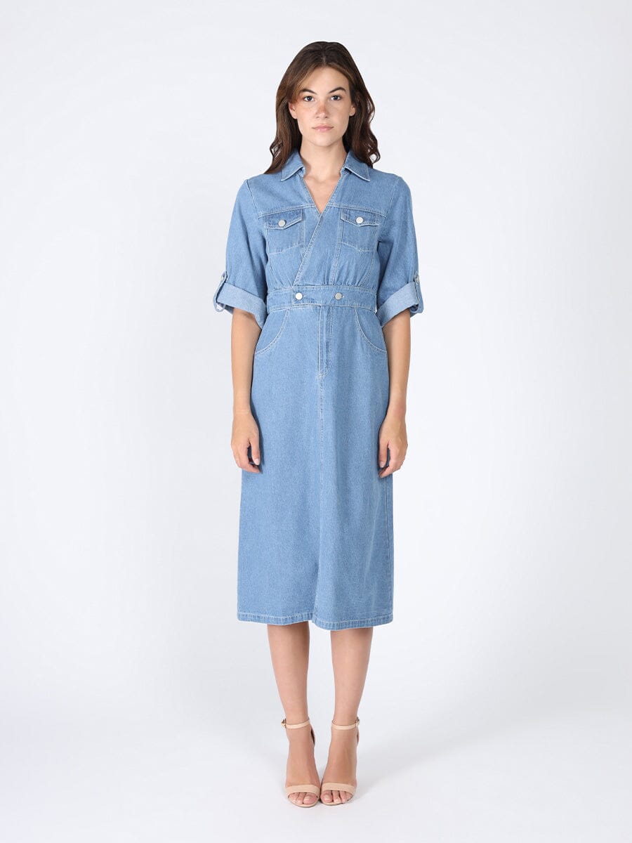 Denim collar v-neck dress DRESS Gracia Fashion LIGHT DENIM S 