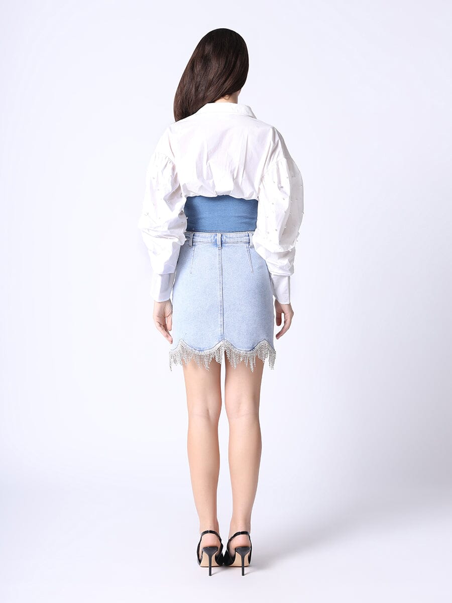 Denim Corset Waist Pearl Point Puff Sleeve Top TOP Gracia Fashion 