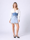 Denim Corset Waist Pearl Point Puff Sleeve Top TOP Gracia Fashion 