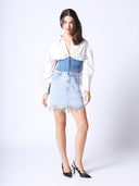 Denim Corset Waist Pearl Point Puff Sleeve Top TOP Gracia Fashion 