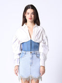 Denim Corset Waist Pearl Point Puff Sleeve Top TOP Gracia Fashion WHITE/DENIM S 