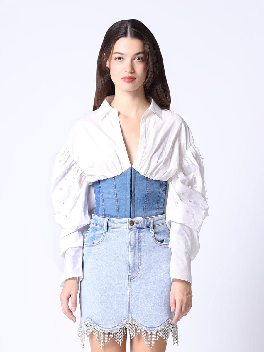Denim Corset Waist Pearl Point Puff Sleeve Top TOP Gracia Fashion WHITE/DENIM S 