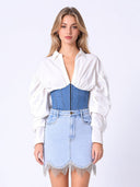 Denim Corset Waist Pearl Point Puff Sleeve Top TOP Gracia Fashion WHITE/DENIM S 