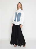 Denim detail elastic waist long sleeve top TOP Gracia Fashion 