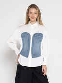 Denim detail elastic waist long sleeve top TOP Gracia Fashion WHITE/DENIM S 