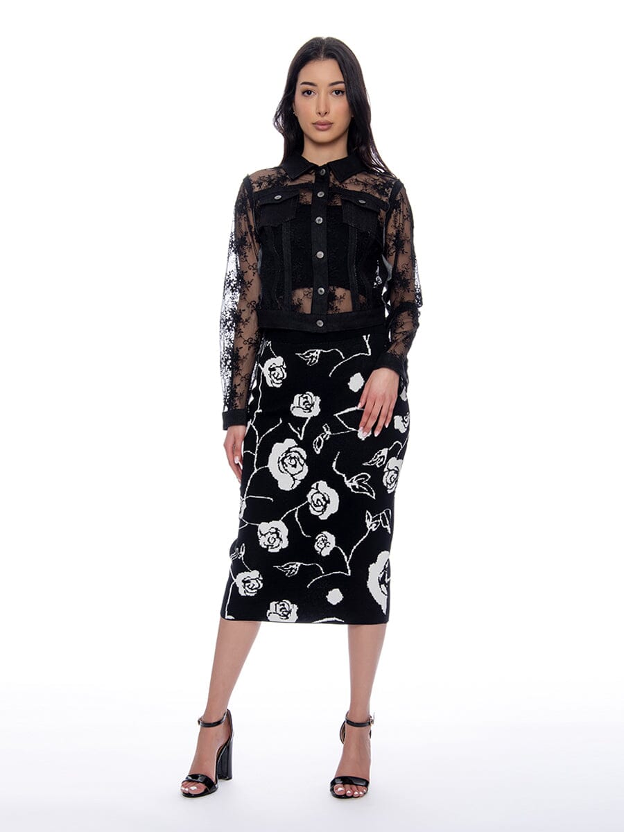 Denim Jacket with See-Through Lace Contrast JACKET Gracia Fashion BLACK S 