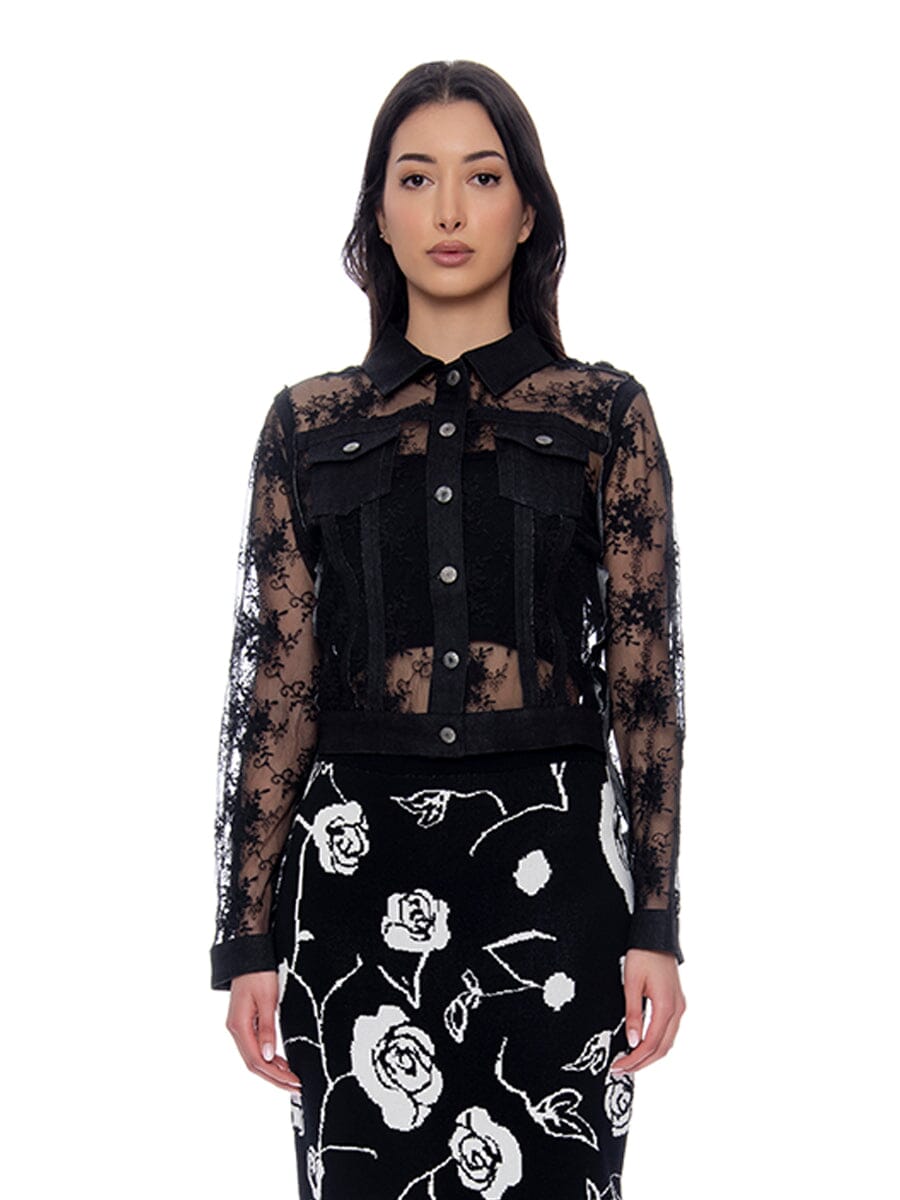 Denim Jacket with See-Through Lace Contrast JACKET Gracia Fashion BLACK S 