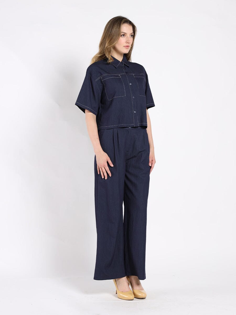 Denim Short Sleeved Button-Down Top TOP Gracia Fashion 