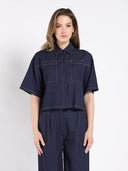 Denim Short Sleeved Button-Down Top TOP Gracia Fashion NAVY S 