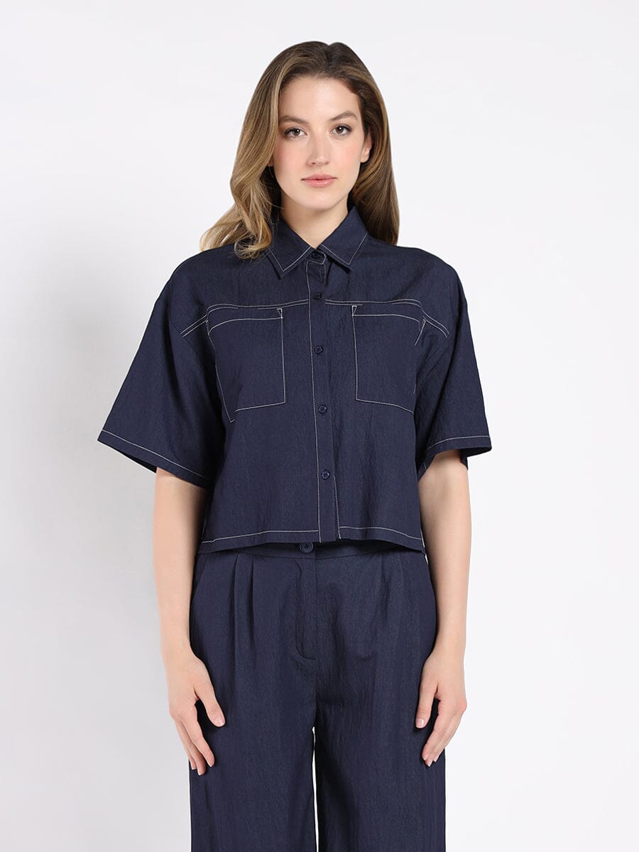 Denim Short Sleeved Button-Down Top TOP Gracia Fashion NAVY S 
