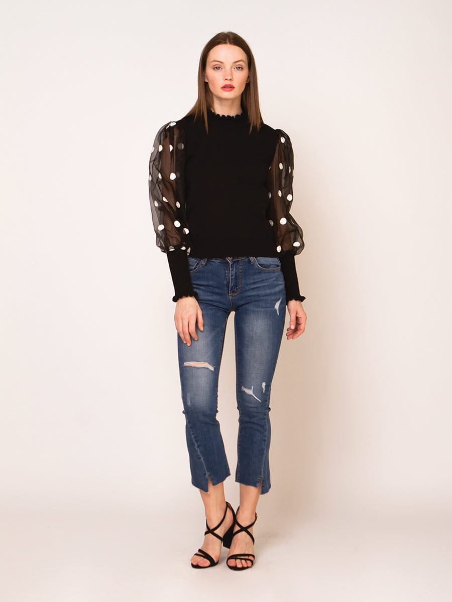 Dot Detail Organza Sleeve Knit Top TOP Gracia Fashion 