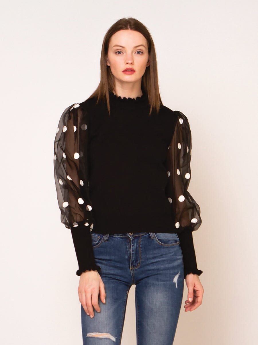 Dot Detail Organza Sleeve Knit Top TOP Gracia Fashion 