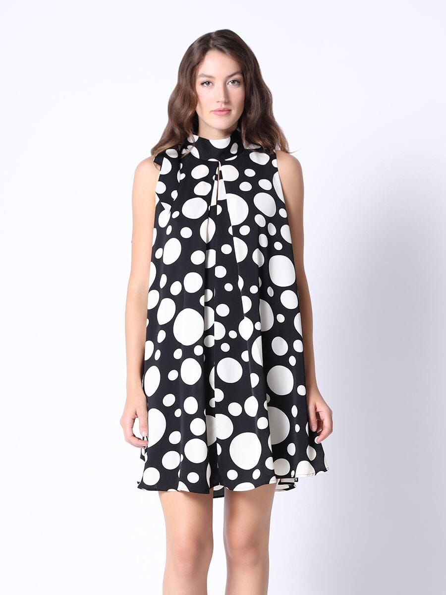 Dot Pattern Bow Tie Sleeveless Mini Dress DRESS Gracia Fashion BLACK/WHITE S 