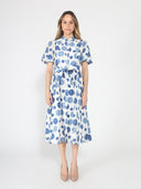 Dot print puff sleeve elastic back midi dress DRESS Gracia Fashion BLUE S 