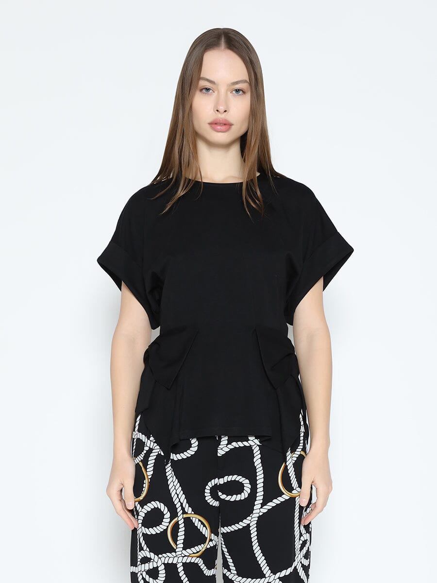Double Bow Detailed Crew Neck T-Shirt TOP Gracia Fashion BLACK S 