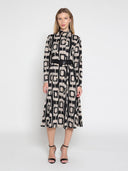 Double Breasted Long Sleeve Belted Print Dress DRESS Gracia Fashion BLACK/BEIGE S 