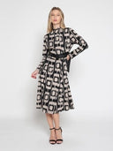 Double Breasted Long Sleeve Belted Print Dress DRESS Gracia Fashion BLACK/BEIGE S 