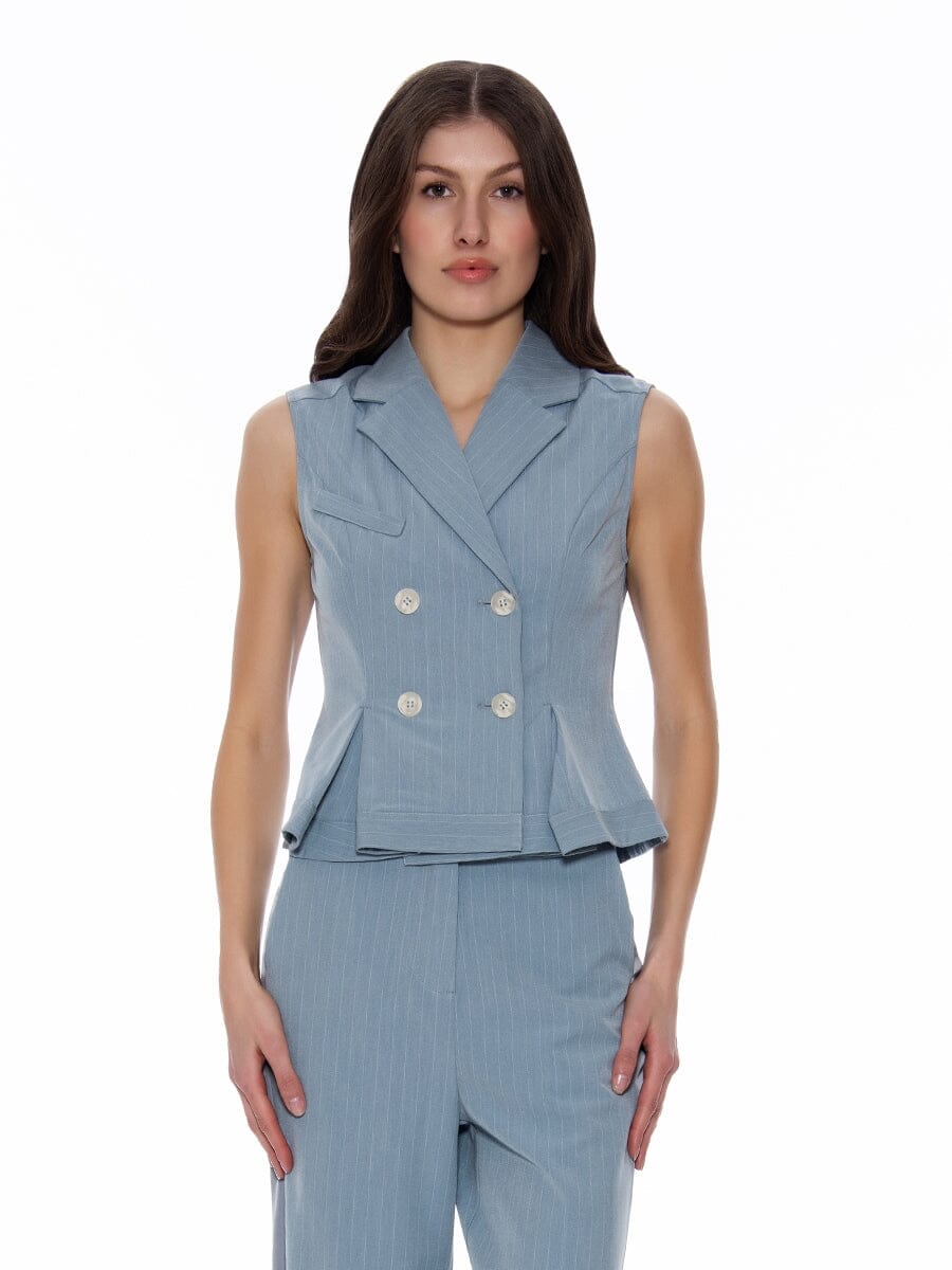 Double Breasted Tiered Peplum Cap Sleeve Jacket TOP Gracia Fashion L/BLUE S 