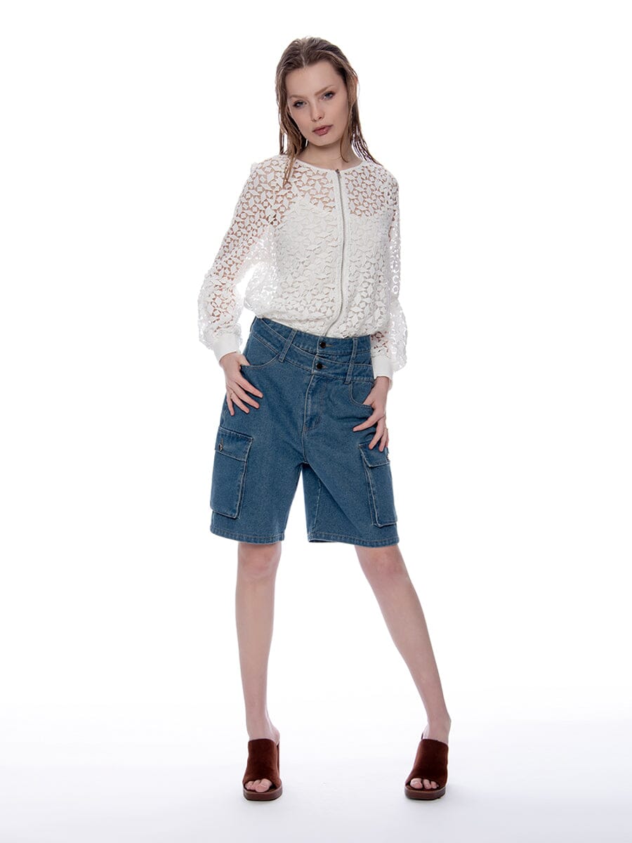 Double Button Cargo Denim Short Pants PANTS Gracia Fashion DENIM S 