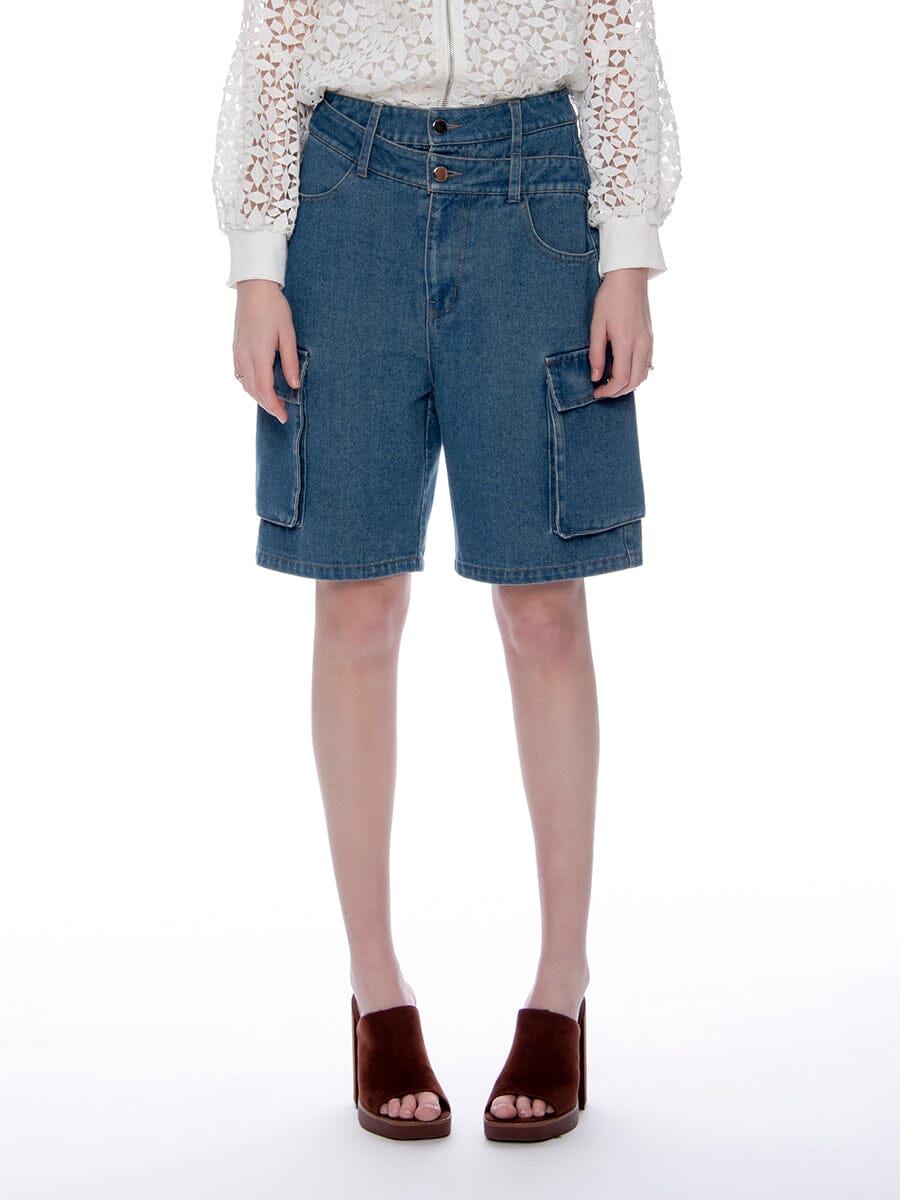 Double Button Cargo Denim Short Pants PANTS Gracia Fashion DENIM S 