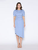 Double Ruched Waist Short Sleeve Solid Midi Dress DRESS Gracia Fashion L/BLUE S 