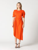 Double Ruched Waist Short Sleeve Solid Midi Dress DRESS Gracia Fashion ORANGE S 