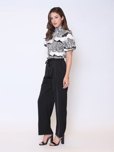 Drawstring Elastic Waist Wide Leg Casual Pants TOP Gracia Fashion BLACK S 
