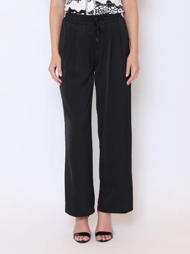 Drawstring Elastic Waist Wide Leg Casual Pants TOP Gracia Fashion BLACK S 