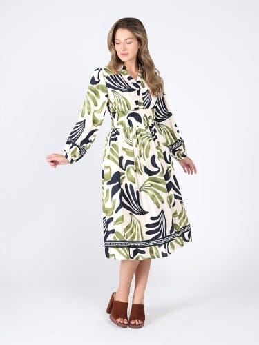 Elastic Waist Long Sleeve Printed Dress DRESS Gracia Fashion 