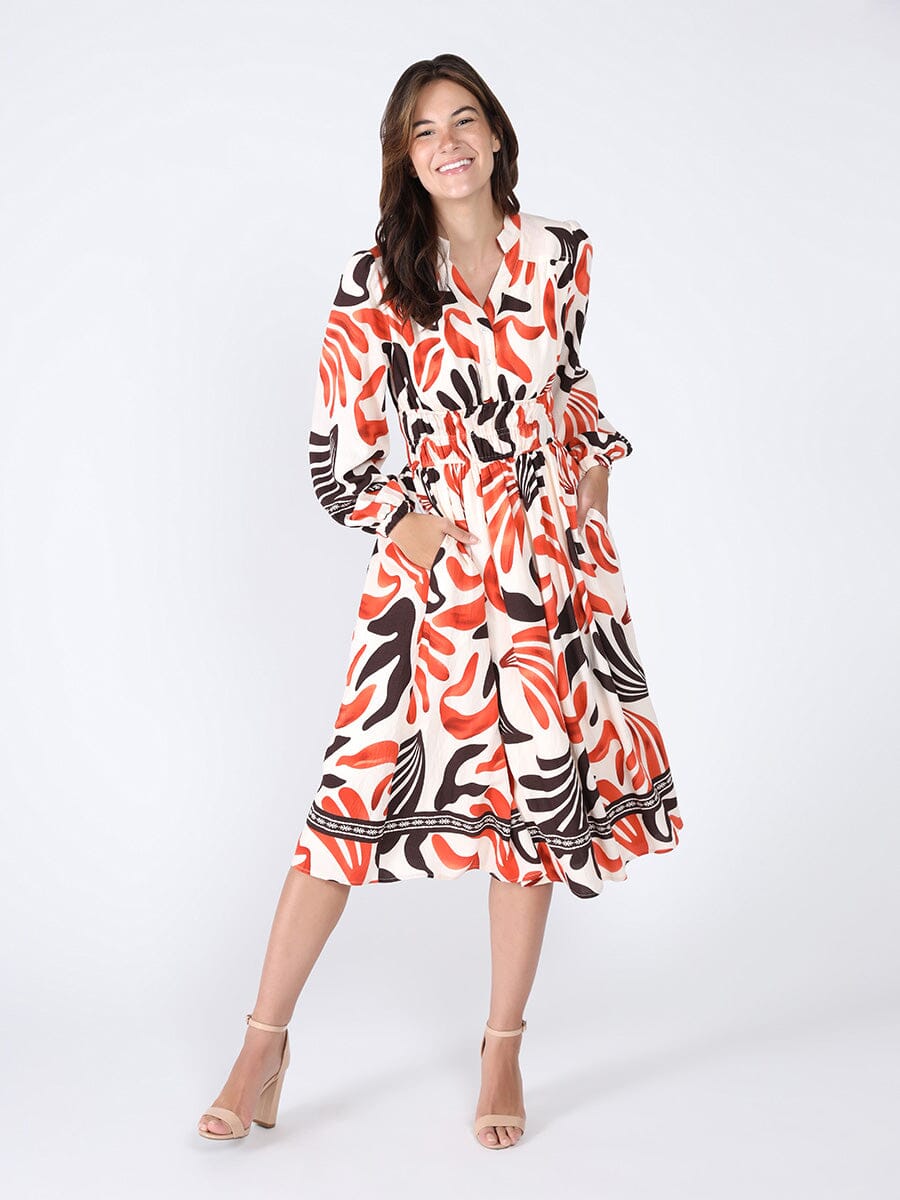 Elastic Waist Long Sleeve Printed Dress DRESS Gracia Fashion ORANGE S 