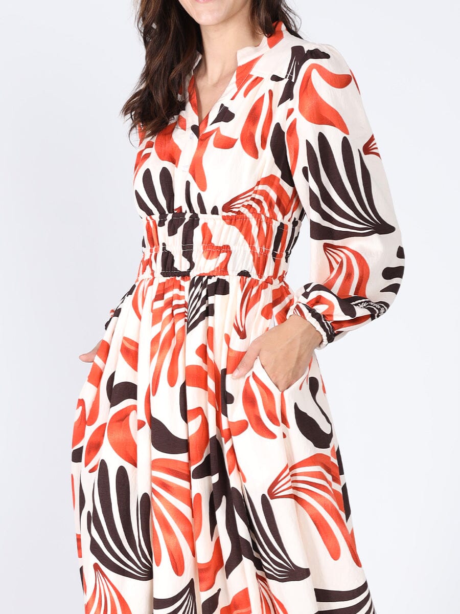 Elastic Waist Long Sleeve Printed Dress DRESS Gracia Fashion 