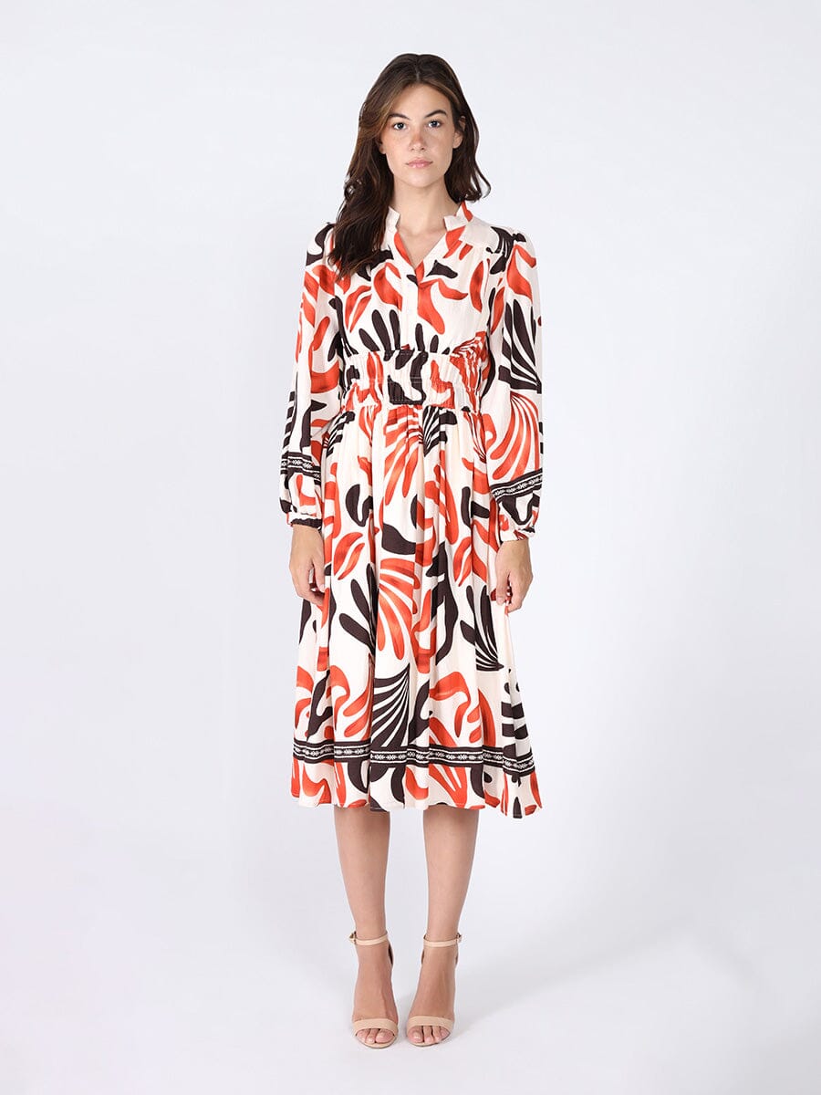Elastic Waist Long Sleeve Printed Dress DRESS Gracia Fashion ORANGE S 