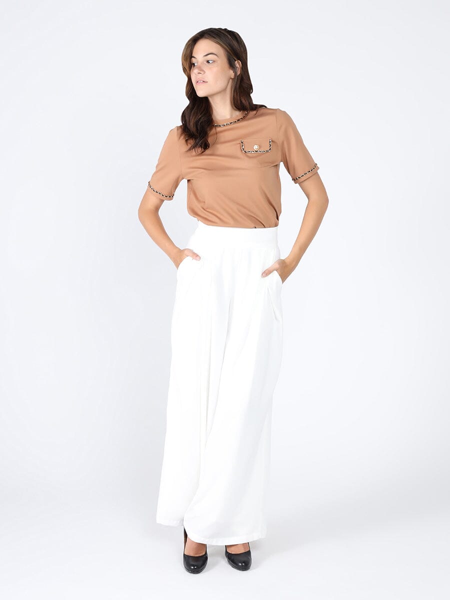 Embellished Chain Link Trim Short Sleeve Top TOP Gracia Fashion MOCHA S 