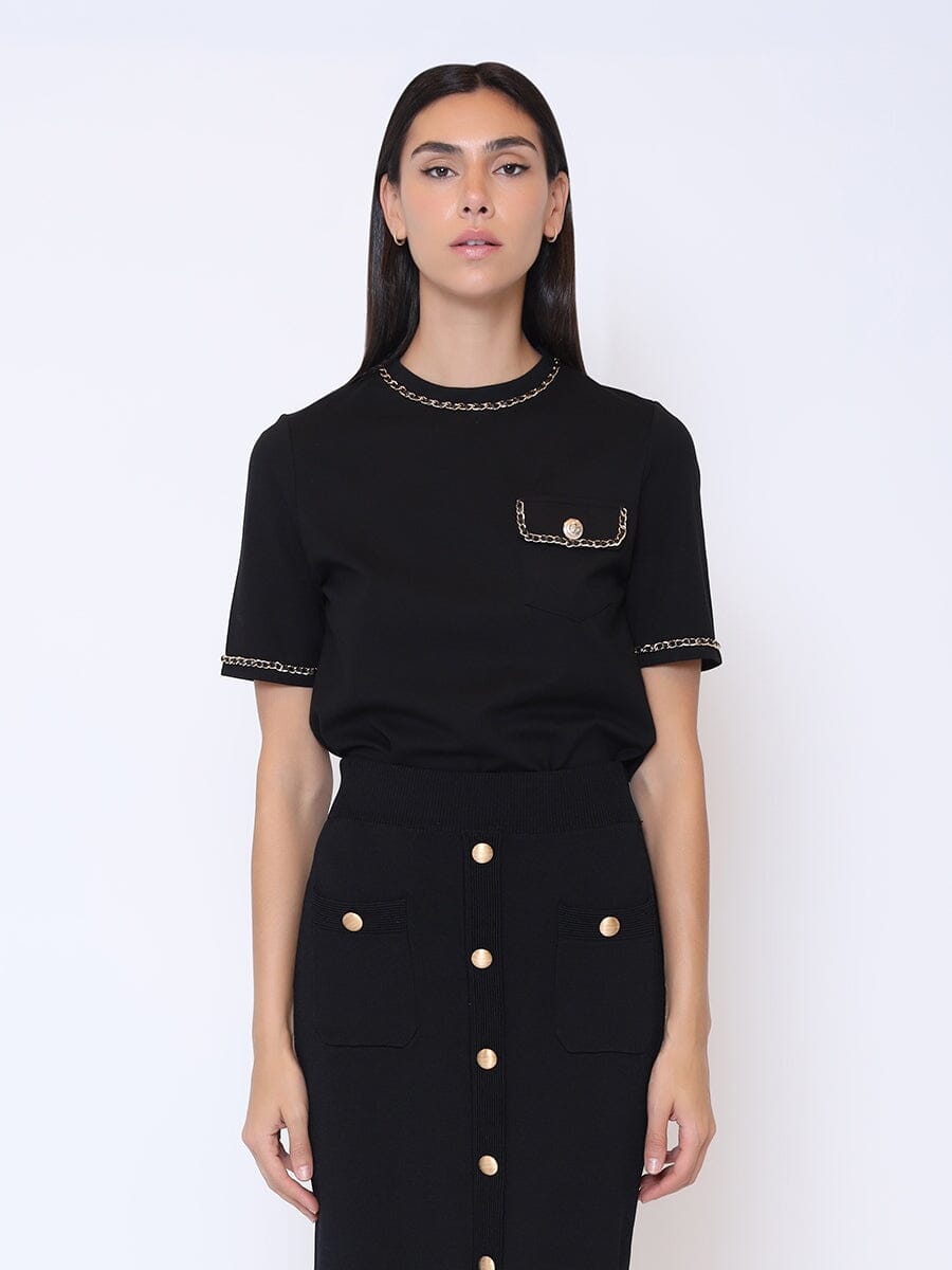 Embellished Chain Link Trim Short Sleeve Top TOP Gracia Fashion BLACK S 