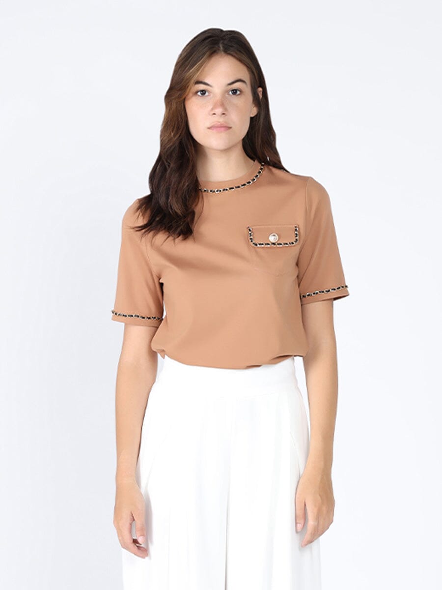 Embellished Chain Link Trim Short Sleeve Top TOP Gracia Fashion MOCHA S 