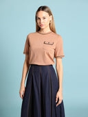 Embellished Chain Link Trim Short Sleeve Top TOP Gracia Fashion MOCHA S 