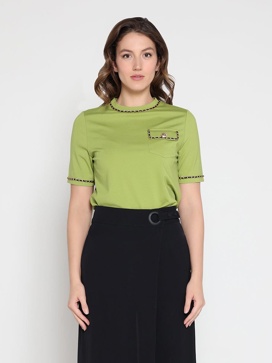 Embellished Chain Link Trim Short Sleeve Top TOP Gracia Fashion SAGE S 