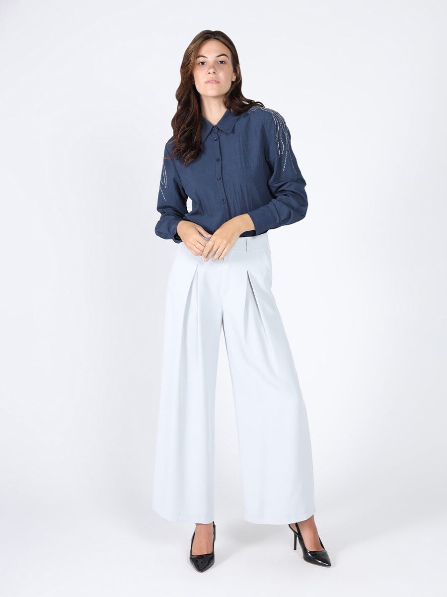 Embroiderd sholder front button open top TOP Gracia Fashion DARK BLUE S 