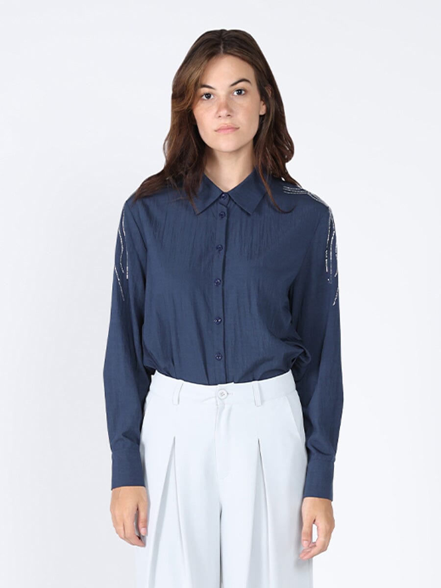 Embroiderd sholder front button open top TOP Gracia Fashion DARK BLUE S 
