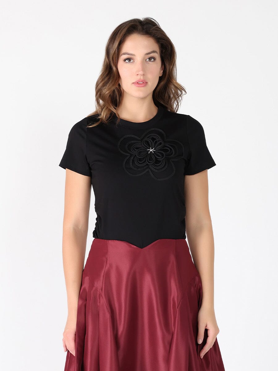 Embroidered floral applique crew neck top TOP Gracia Fashion BLACK S 