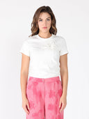 Embroidered floral applique crew neck top TOP Gracia Fashion WHITE S 