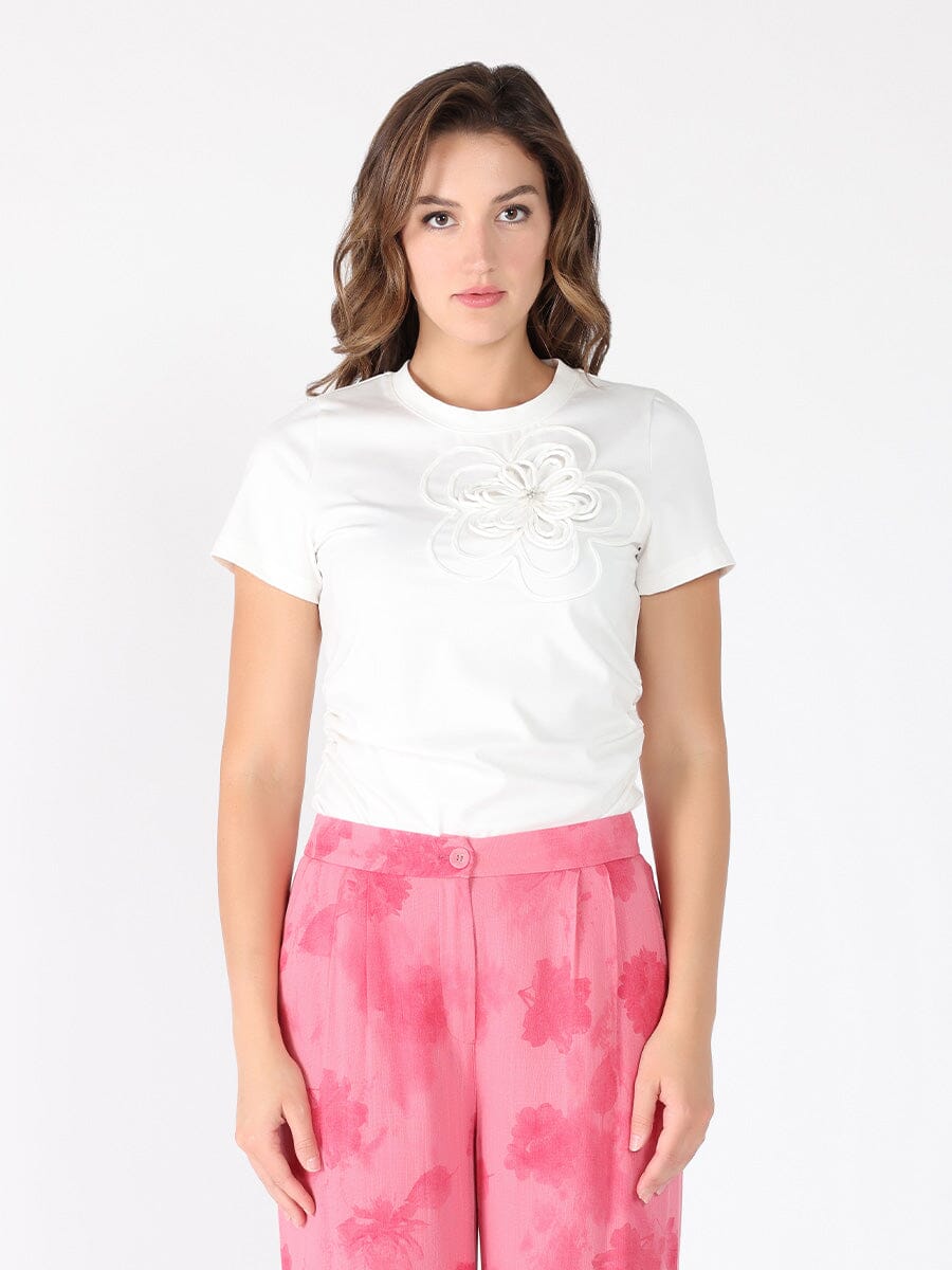 Embroidered floral applique crew neck top TOP Gracia Fashion WHITE S 