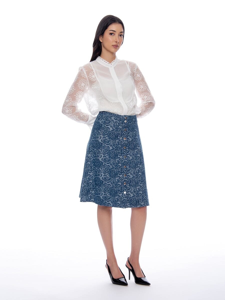 Embroidered Mesh Floral Long Cuff Sleve Top TOP Gracia Fashion WHITE S 