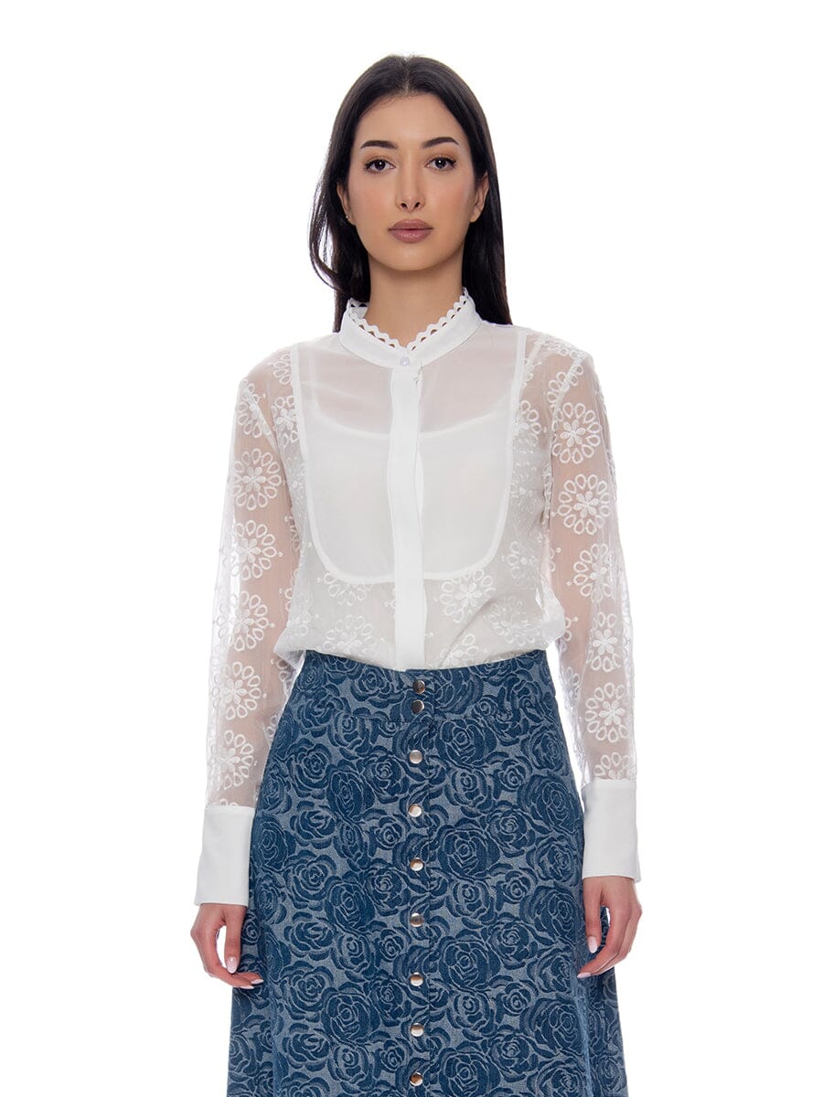 Embroidered Mesh Floral Long Cuff Sleve Top TOP Gracia Fashion WHITE S 