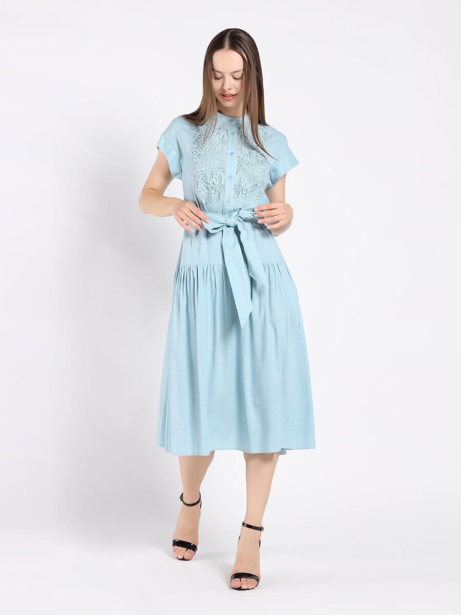 Embroidered Midi Dress with Cap Sleeves and Waist DRESS Gracia Fashion 